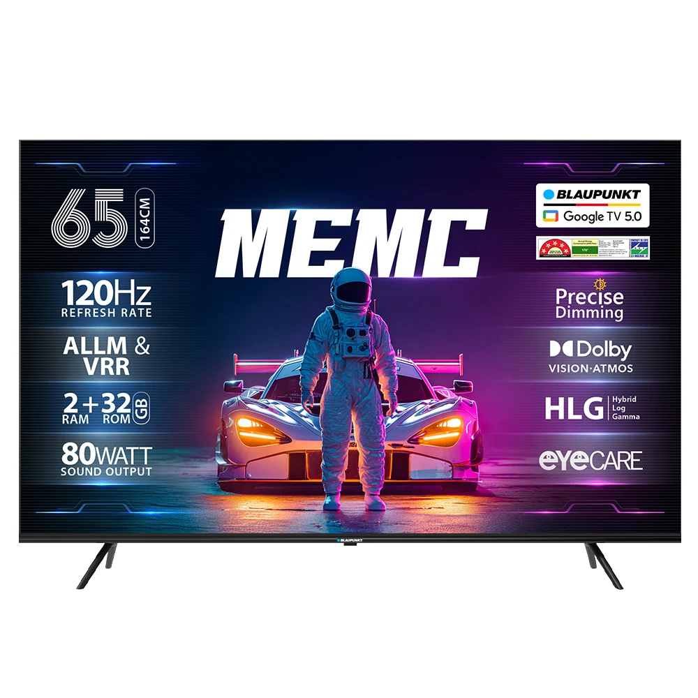 Blaupunkt SonicQ 164 cm (65 inch) QLED Ultra HD (4K) Smart Google TV 2025 Edition with 80W Sound Output | 4 Speaker | 550 Nits Brightness | Precise Dimming | HDR10+ | Dolby Atmos | Dolby Vision | 120 Hz Refresh Rate | HLG | ALLM & VRR | Eyecare | Google Assistant | Bezel Less Design  (65SQ0303)