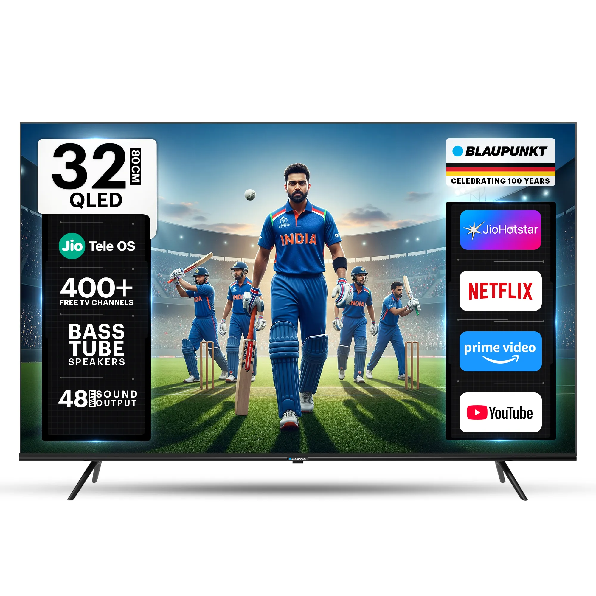 Blaupunkt 80 cm (32 inch) QLED HD Ready Smart JioTele OS TV 2026 Edition with 48W Sound Output 2 Speaker 350 Nits Brightness 400+ free live TV channels 300+ JioGames Web Browser Sports Mode Bezel Less Design (BP32JQHD0006)