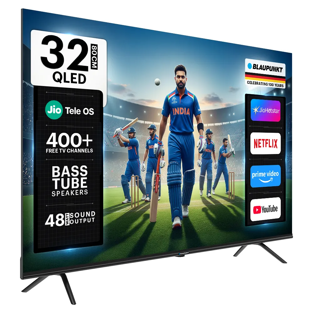 Blaupunkt 80 cm (32 inch) QLED HD Ready Smart JioTele OS TV 2026 Edition with 48W Sound Output 2 Speaker 350 Nits Brightness 400+ free live TV channels 300+ JioGames Web Browser Sports Mode Bezel Less Design (BP32JQHD0006)