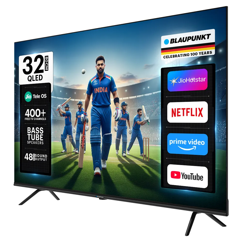 Blaupunkt 80 cm (32 inch) QLED HD Ready Smart JioTele OS TV 2026 Edition with 48W Sound Output 2 Speaker 350 Nits Brightness 400+ free live TV channels 300+ JioGames Web Browser Sports Mode Bezel Less Design (BP32JQHD0006)