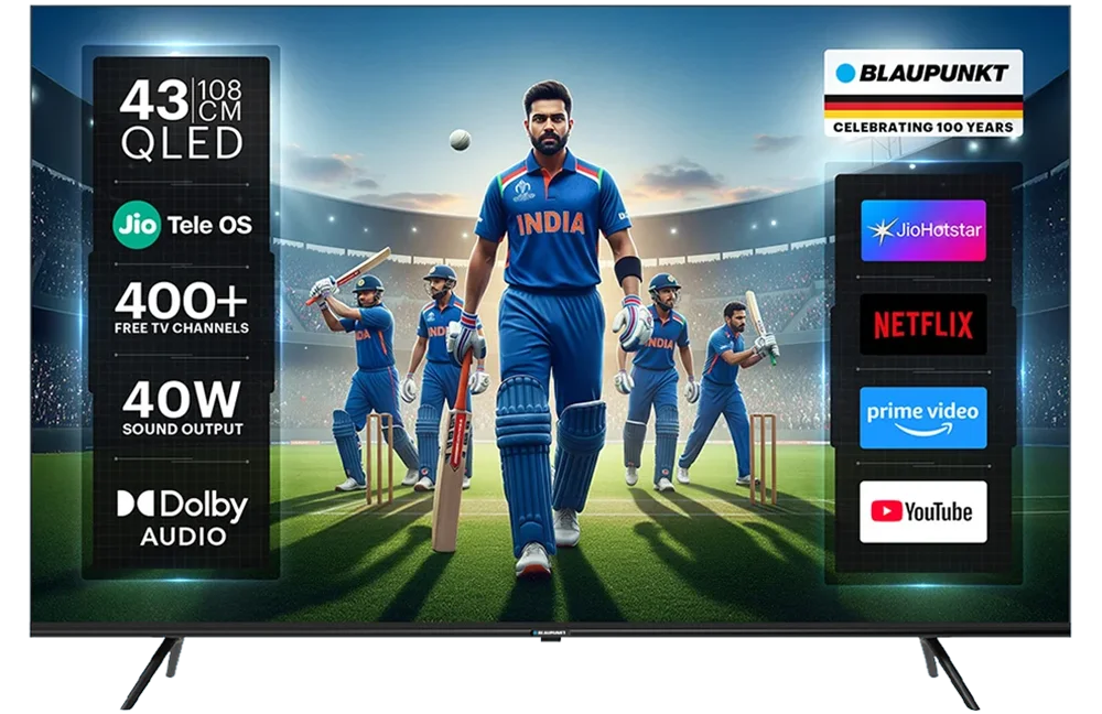 Blaupunkt 108 cm (43 inch) QLED Ultra HD (4K) Smart JioTele OS TV 2025 Edition with 40W Sound Output | Bezel Less Design (BP43JQD0016)