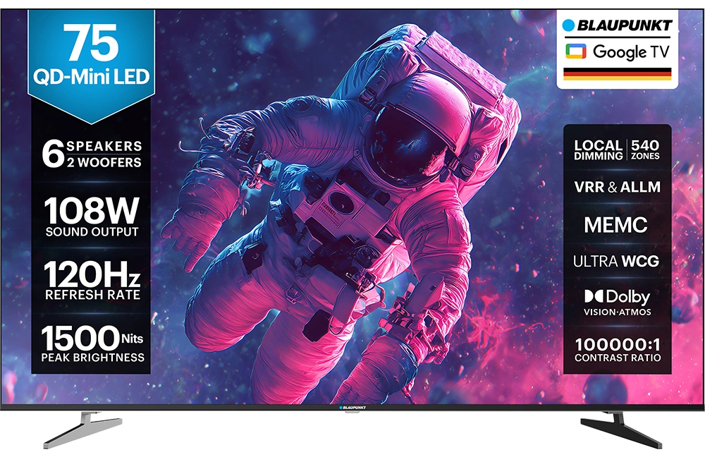  Blaupunkt Milkyway Series 189 cm (75 inch) Ultra HD (4K) Mini LED Smart Google TV 2025 Edition | Smart Eye Shield |Ultra WCG | (BQD75Mini7088)