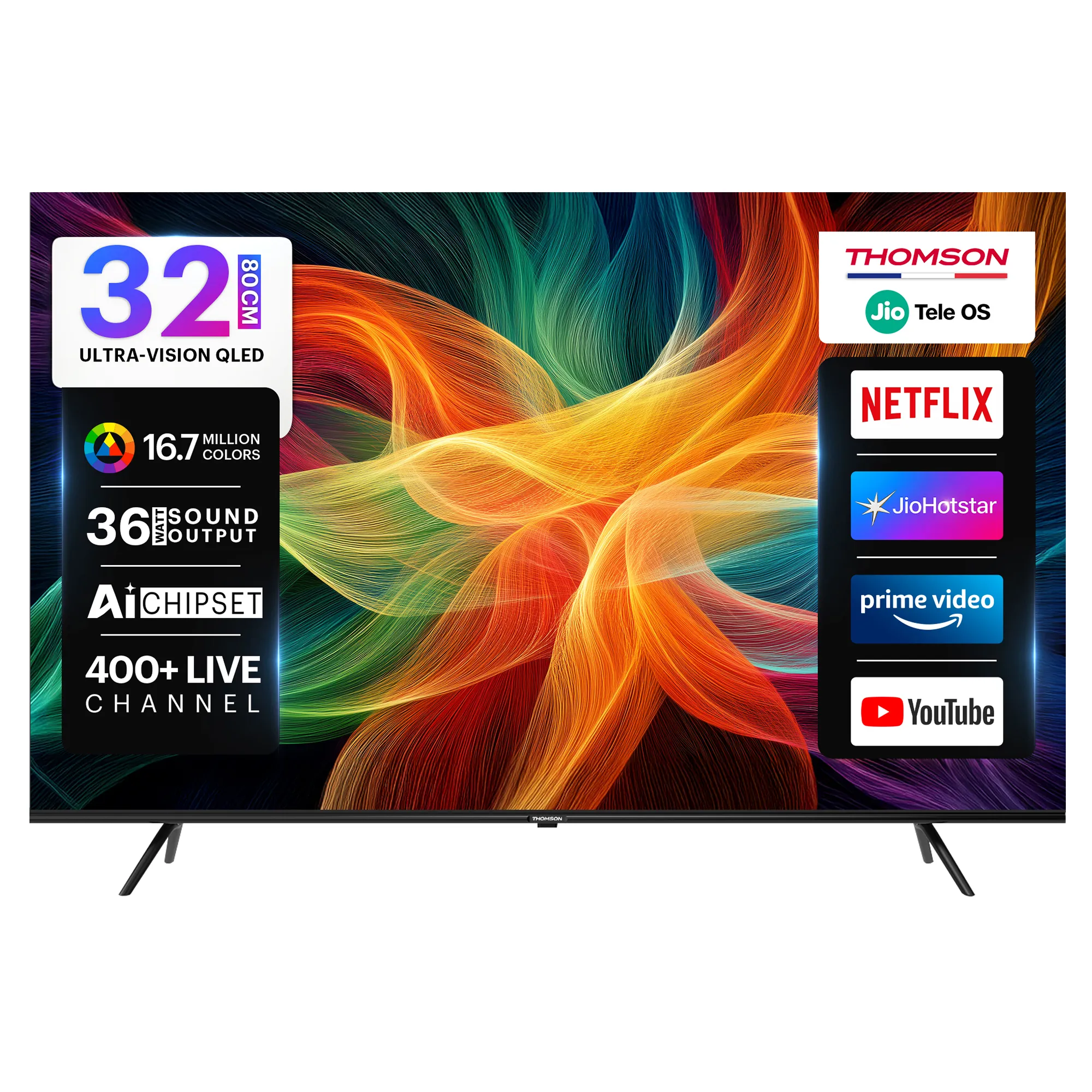 Thomson 80 cm (32 inch) QLED HD Ready Smart JioTele OS TV 2026 Edition with 36W Sound Output 2 Speaker 350 Nits Brightness 400+ free live TV channels 300+ JioGames Web Browser Sports Mode Bezel Less Design (32TJHQ002)