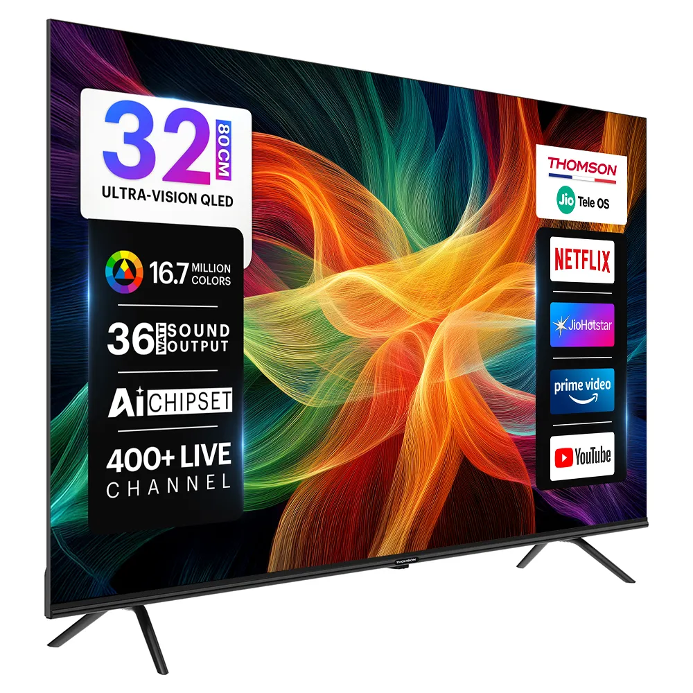 Thomson 80 cm (32 inch) QLED HD Ready Smart JioTele OS TV 2026 Edition with 36W Sound Output 2 Speaker 350 Nits Brightness 400+ free live TV channels 300+ JioGames Web Browser Sports Mode Bezel Less Design (32TJHQ002)