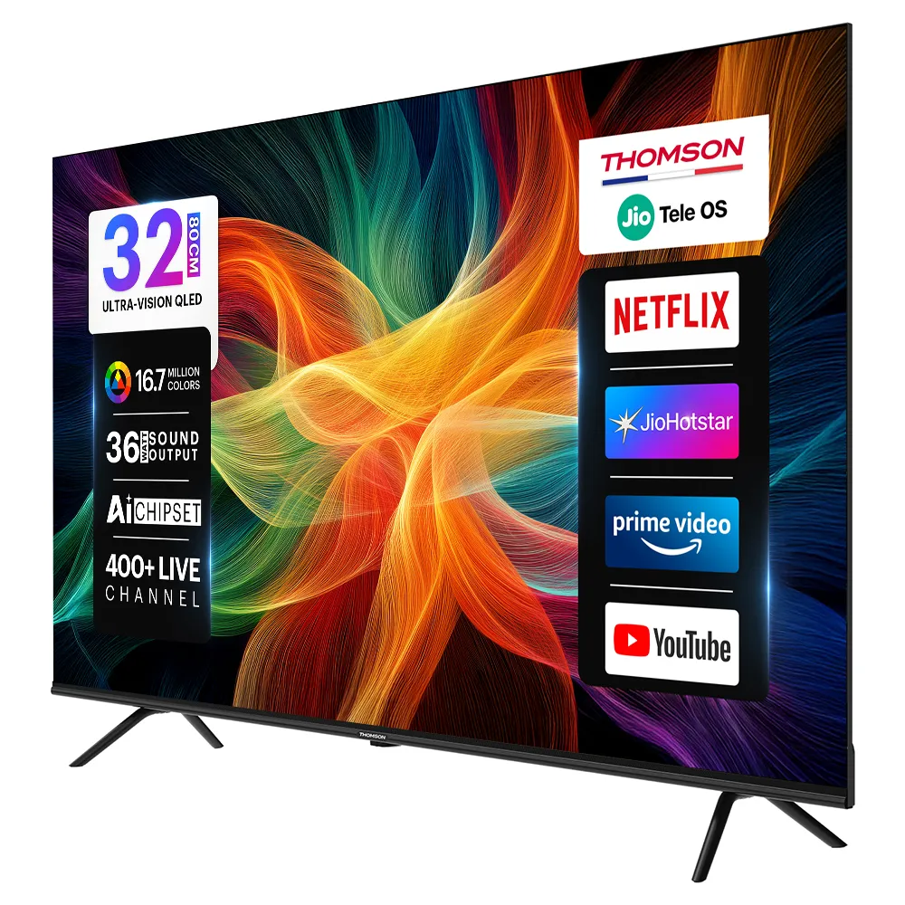 Thomson 80 cm (32 inch) QLED HD Ready Smart JioTele OS TV 2026 Edition with 36W Sound Output 2 Speaker 350 Nits Brightness 400+ free live TV channels 300+ JioGames Web Browser Sports Mode Bezel Less Design (32TJHQ002)