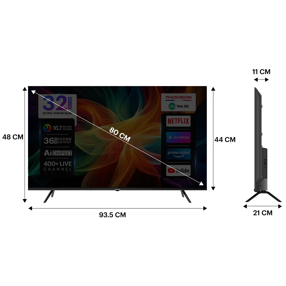 Thomson 80 cm (32 inch) QLED HD Ready Smart JioTele OS TV 2026 Edition with 36W Sound Output 2 Speaker 350 Nits Brightness 400+ free live TV channels 300+ JioGames Web Browser Sports Mode Bezel Less Design (32TJHQ002)