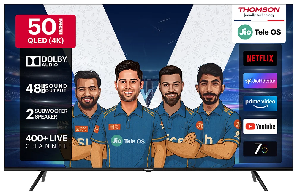 Thomson 126 cm (50 inch) QLED Ultra HD (4K) Smart JioTele OS TV 2025 Edition with 48W Sound Output | 2 Speaker | 450 Nits Brightness | Dolby Audio | Multilingual Voice Assistant | 300+ free live TV channels | 300+ JioGames | Web Browser | Sports Mode | Bezel Less Design (50TJQ0022)