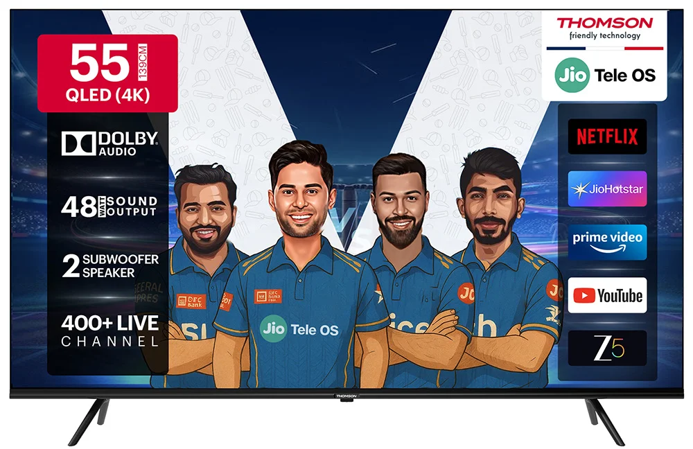 Thomson 139 cm (55 inch) QLED Ultra HD (4K) Smart JioTele OS TV 2025 Edition with 48W Sound Output | 2 Speaker | 450 Nits Brightness | Dolby Audio | Multilingual Voice Assistant | 300+ free live TV channels | 300+ JioGames | Web Browser | Sports Mode | Bezel Less Design (55TJQ0032)