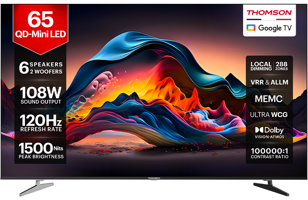 Thomson Masterclass Series 164 cm (65 inch) Ultra HD (4K) Mini LED Smart Google TV 2025 Edition with 6 Speaker with 108 W Sound Output Powered by Blaupunkt | Inbuilt 2 Sub-Woofer with Magic Sound| Dolby Atmos | 288 Local Dimming Zones | 120 Hz HSR Refresh Rate | MEMC with ALLM & VRR | 1500 Nits Brightness | Dolby Vision, HDR 10, HLG |Contrast Ratio 100000:1 | Smart Eye Shield |Ultra WCG (TH65QDMini1022)