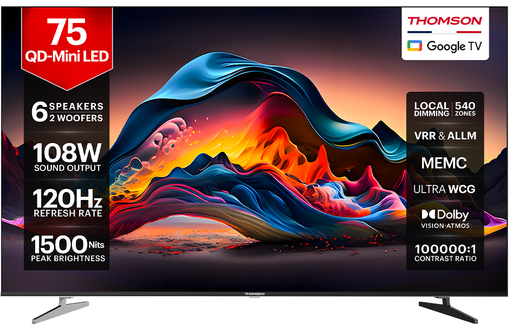 Thomson Masterclass Series 189 cm (75 inch) Ultra HD (4K) Mini LED Smart Google TV 2025 Edition with |6 Speaker with 108 W Sound Output Powered by Blaupunkt | Inbuilt 2 Sub-Woofer with Magic Sound| Dolby Atmos | 540 Local Dimming Zones | 120 Hz HSR Refresh Rate | MEMC with ALLM & VRR | 1500 Nits Brightness | Dolby Vision, HDR 10, HLG |Contrast Ratio 100000:1 | Smart Eye Shield |Ultra WCG | (TH75QDMini1044)