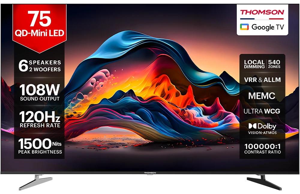 Thomson Masterclass Series 189 cm (75 inch) Ultra HD (4K) Mini LED Smart Google TV 2025 Edition with |6 Speaker with 108 W Sound Output Powered by Blaupunkt | Inbuilt 2 Sub-Woofer with Magic Sound| Dolby Atmos | 540 Local Dimming Zones | 120 Hz HSR Refresh Rate | MEMC with ALLM & VRR | 1500 Nits Brightness | Dolby Vision, HDR 10, HLG |Contrast Ratio 100000:1 | Smart Eye Shield |Ultra WCG | (TH75QDMini1044) view 2