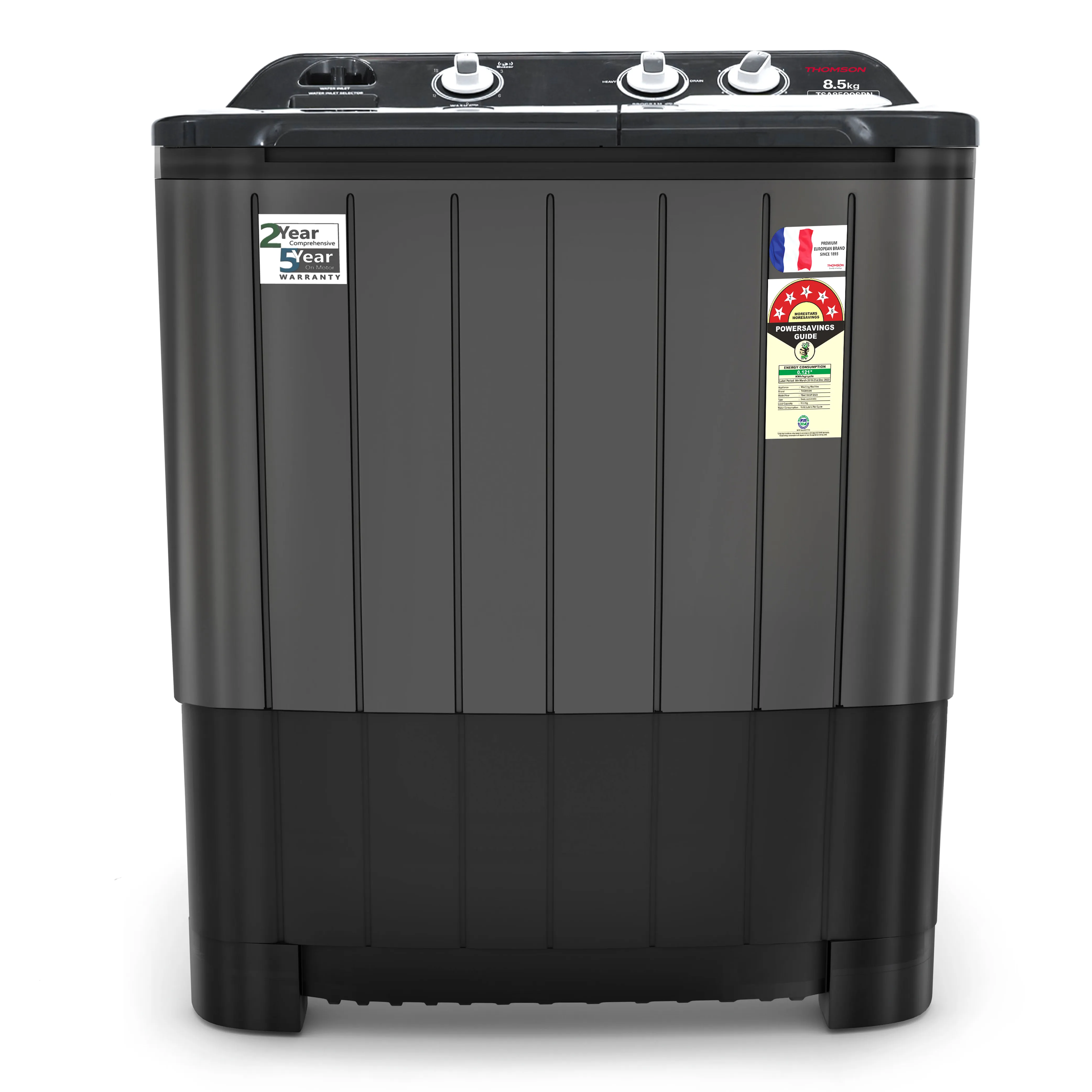 Thomson 8.5 kg 5 Star Aqua Magic with Double Waterfall, Detergent Box, Magic Filter, Heavy Duty Motor, 3D Roller Technology, Collar Scrubber, Turbo Dry Technology, Semi Automatic Top Load Black (TSA8500SPN)