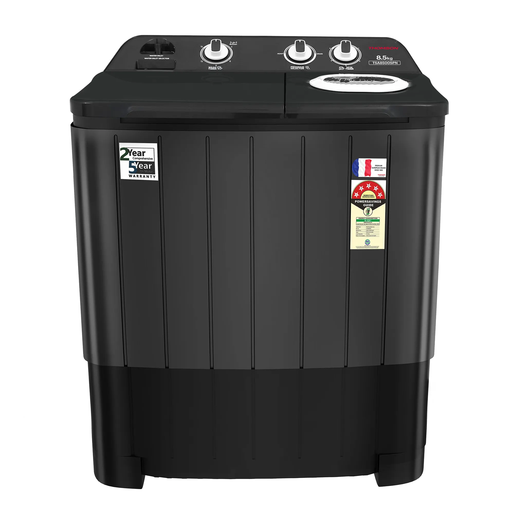 Thomson 8.5 kg 5 Star Aqua Magic with Double Waterfall, Detergent Box, Magic Filter, Heavy Duty Motor, 3D Roller Technology, Collar Scrubber, Turbo Dry Technology, Semi Automatic Top Load Black (TSA8500SPN)