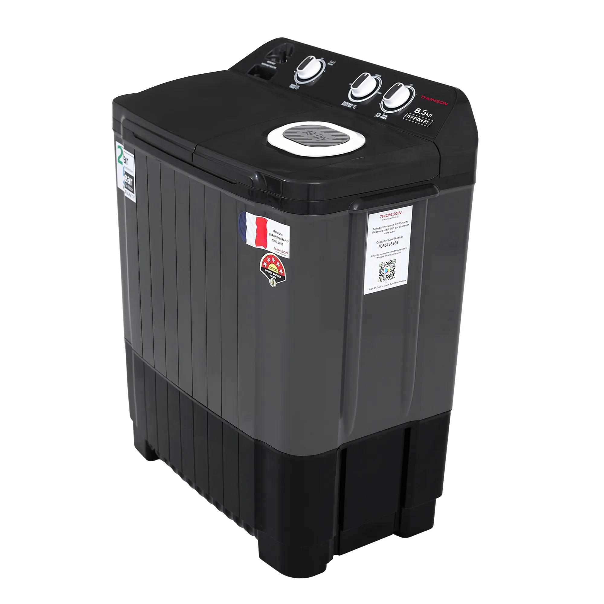 Thomson 8.5 kg 5 Star Aqua Magic with Double Waterfall, Detergent Box, Magic Filter, Heavy Duty Motor, 3D Roller Technology, Collar Scrubber, Turbo Dry Technology, Semi Automatic Top Load Black (TSA8500SPN)