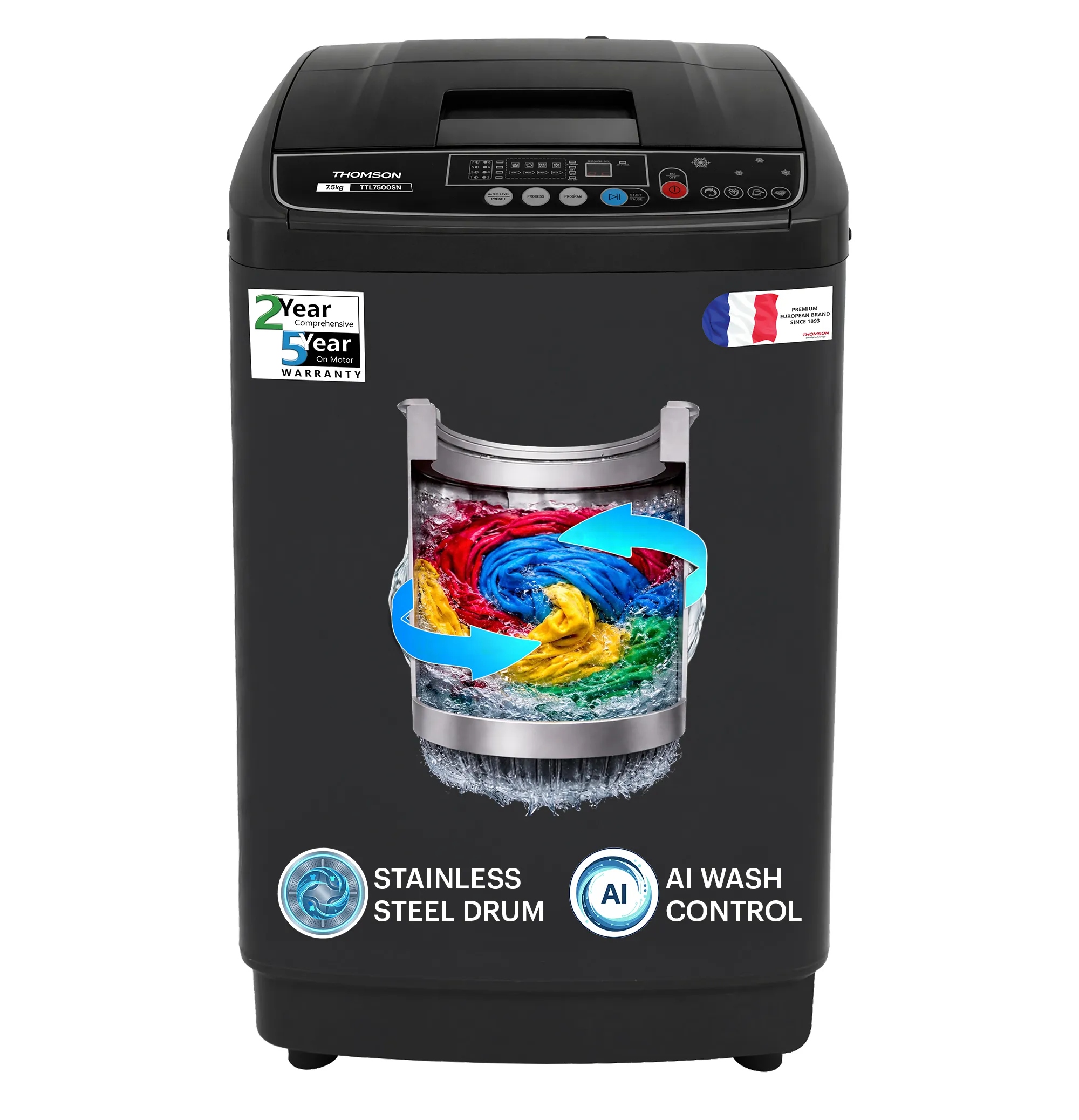 Thomson 7.5 kg 5 Star Pure Wash with Stainless Steel Drum, Double Waterfall, Magic Filter and Multiple Wash Programs, 3D Rollers Technology, Collar Scrubber, Turbo Dry Technology, Fully Automatic Top Load Grey (TTL7500SN)