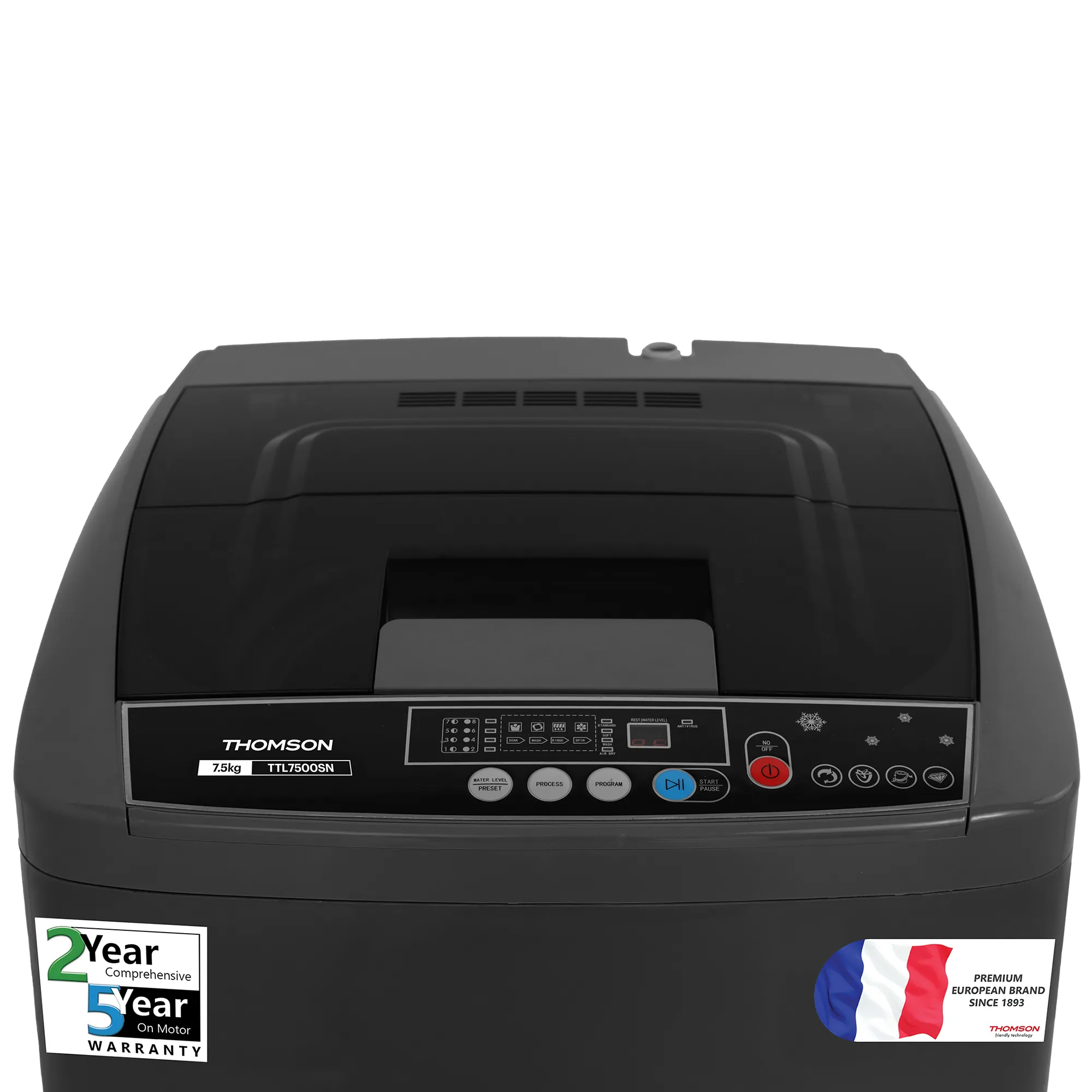 Thomson 7.5 kg 5 Star Pure Wash with Stainless Steel Drum, Double Waterfall, Magic Filter and Multiple Wash Programs, 3D Rollers Technology, Collar Scrubber, Turbo Dry Technology, Fully Automatic Top Load Grey (TTL7500SN)