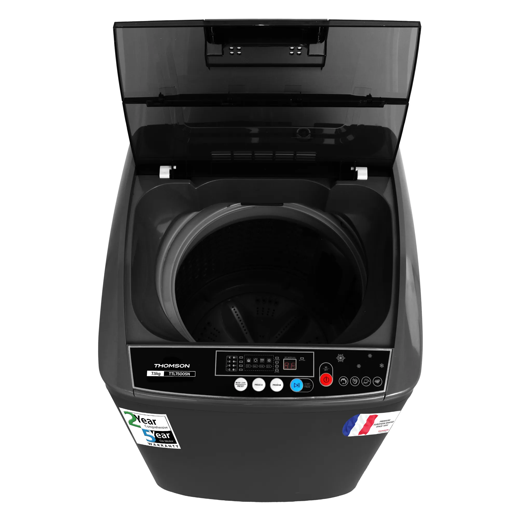 Thomson 7.5 kg 5 Star Pure Wash with Stainless Steel Drum, Double Waterfall, Magic Filter and Multiple Wash Programs, 3D Rollers Technology, Collar Scrubber, Turbo Dry Technology, Fully Automatic Top Load Grey (TTL7500SN)